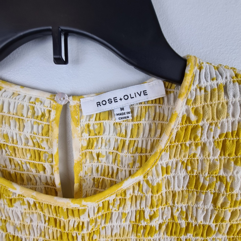 Rose + Olive Yellow White Abstract Smocked Peplum Blouse Long Sleeve Medium - Picture 2 of 8